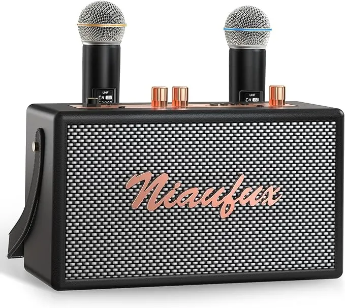 Portable Retro Karaoke Machine with Two Wireless Microphones - AUX, USB-A USB-C