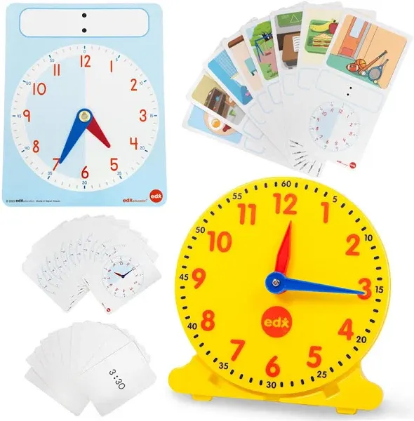 edxeducation Learning Clock Activity Set - 8 Double-Sided Activity Cards and 25 Flashcards - Digital and Analog Teaching Clocks for Kids