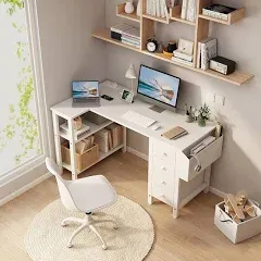 Lufeiya White L Shaped Computer Desk with Drawers & Storage Shelves, 47 Inch Corner Desk with Power Outlet for Home Office Bedroom, L-Shaped Teen PC Desks with Fabric Drawer, White