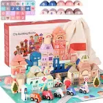 Umbresen 115 Pcs Wooden City Building Blocks Set, Colorful Stacking Preschool Ed