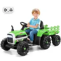 Hikole 12V Electric Tractor with Trailer & Remote Control, Ride on Toy for Boys and Girls with 3-Gear-Shift Ground Loader, Treaded Tires, Bluetooth&USB, LED Lights, Audio, Safety Belt- Red