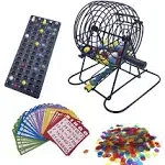 JUNWRROW Deluxe Bingo Game Set with 6 inch Bingo Cage, Bingo Master Board,75 Colored Balls with A Bag, 50 Bingo Cards, and 500 6 Color Mix Bingo Chips