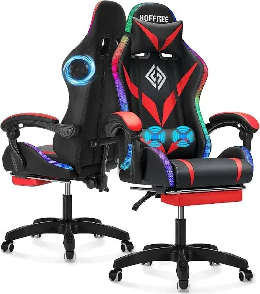 Gaming Chair with Speakers and LED Lights Ergonomic Computer Chair with Massage and Footrest Reclining Video Game Chair for Adults with Adjustable Lumbar Support Red and Black