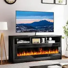 LEMBERI 65 Inches Fireplace TV Stand with 60" Electric Fireplace Up to 75" TV. Modern Wooden Entertainment Center with Open Shelve Storage,TV Console Table for Living Room (Black)