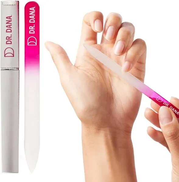 Dr. Dana Glass Nail File with Case - This Premium Glass fingernail File for Natural Nails is a Double-Sided Etched Crystal Nail File with Protective Travel case. Professional Nail File by Dr. Dana.