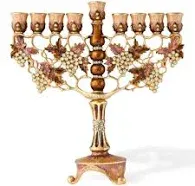 7.25 Tall Hand Painted Enamel Menorah Candelabra Embellished with an Intertwining Vineyard Design with Gold Accents