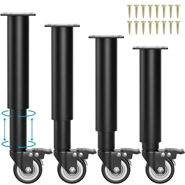 4PCS Bed Support Legs with Casters Wheels, Adjustable Height Bed Frame Support Legs, Heavy Duty Metal Bed Legs Replacement, King Queen Black Bed Frame Center Support (7"-11.6")