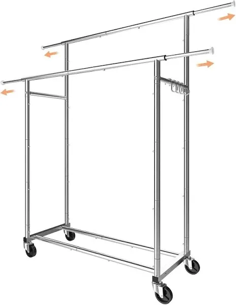 Simple Trending Double Rod Clothing Garment Rack Rolling Clothes Organizer On Wheels for Hanging Clothes Chrome