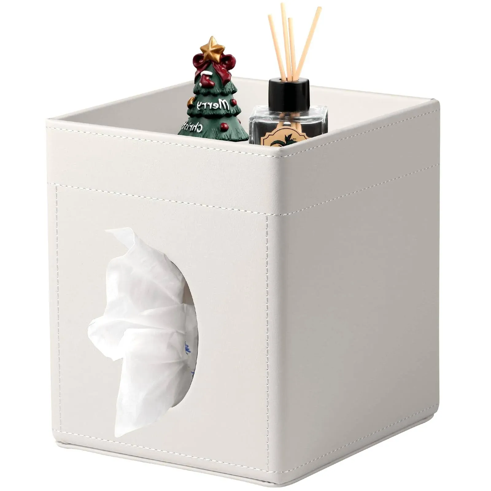 Lorteme Tissue Box Cover, PU Leather Square Tissue Box Holder with Upper Storage ...