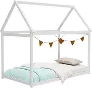 Giantex Twin House Bed, Wood Montessori Bed Frame with House Roof Canopy, Low Floor Bed with Sturdy Wood Slat Support, No Box Spring Needed, Twin Playhouse Bed for Kids Teens Boys Girls (White)