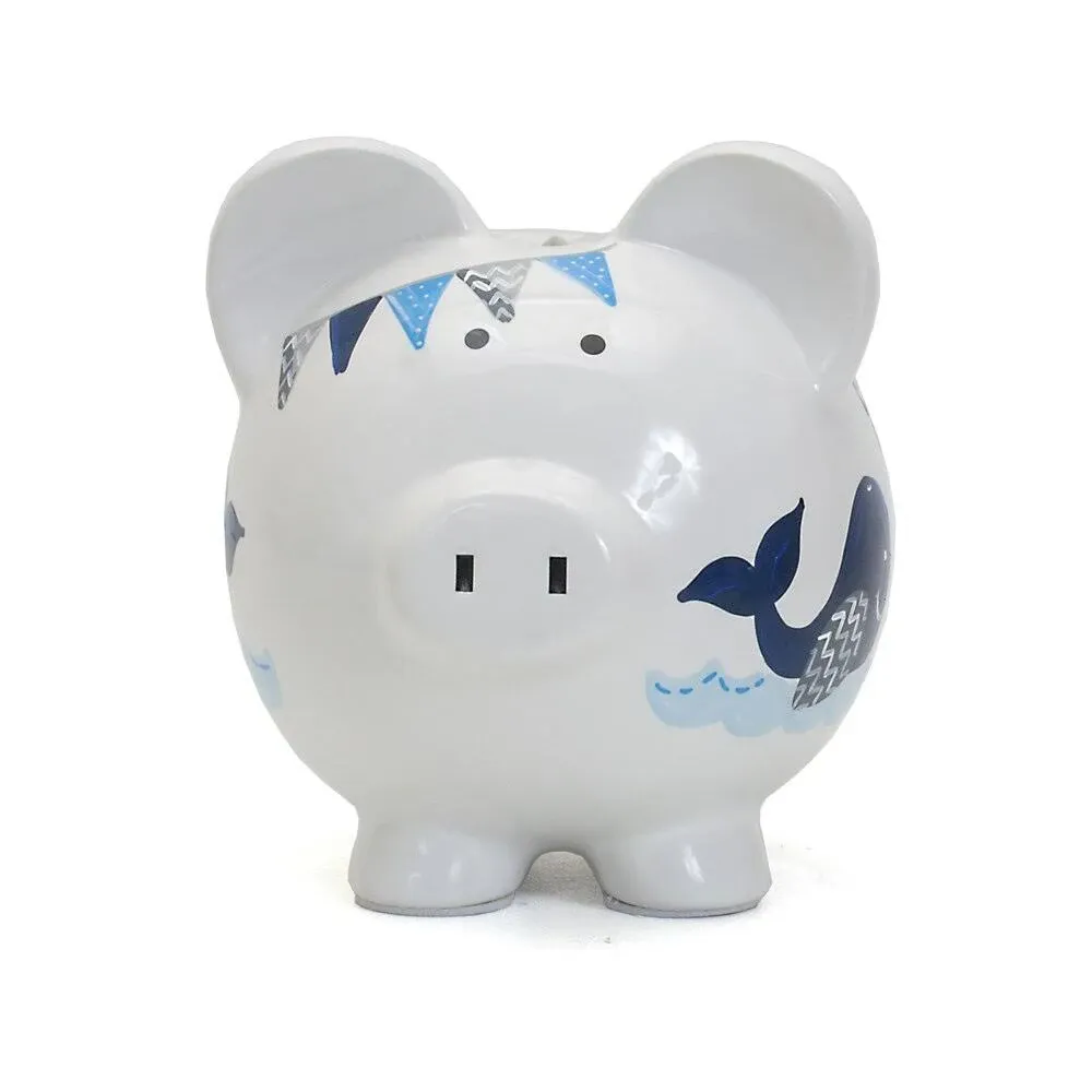 Child to Cherish Ceramic Piggy Bank Blue Double Whale