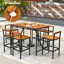 Costway 7 Pieces Acacia Wood Patio Rattan Bar Set with Umbrella Hole