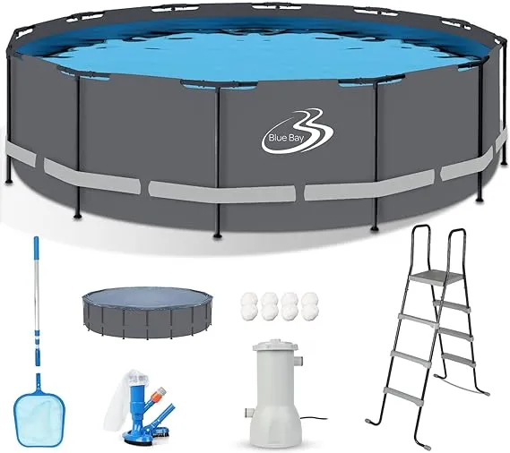 Bluebay 18ft x 52in Frame Above Ground Swimming Pool Set Includes 1545 GPH Filter Pump, Cover, Ladder, Maintenance Kit, Grey, Round