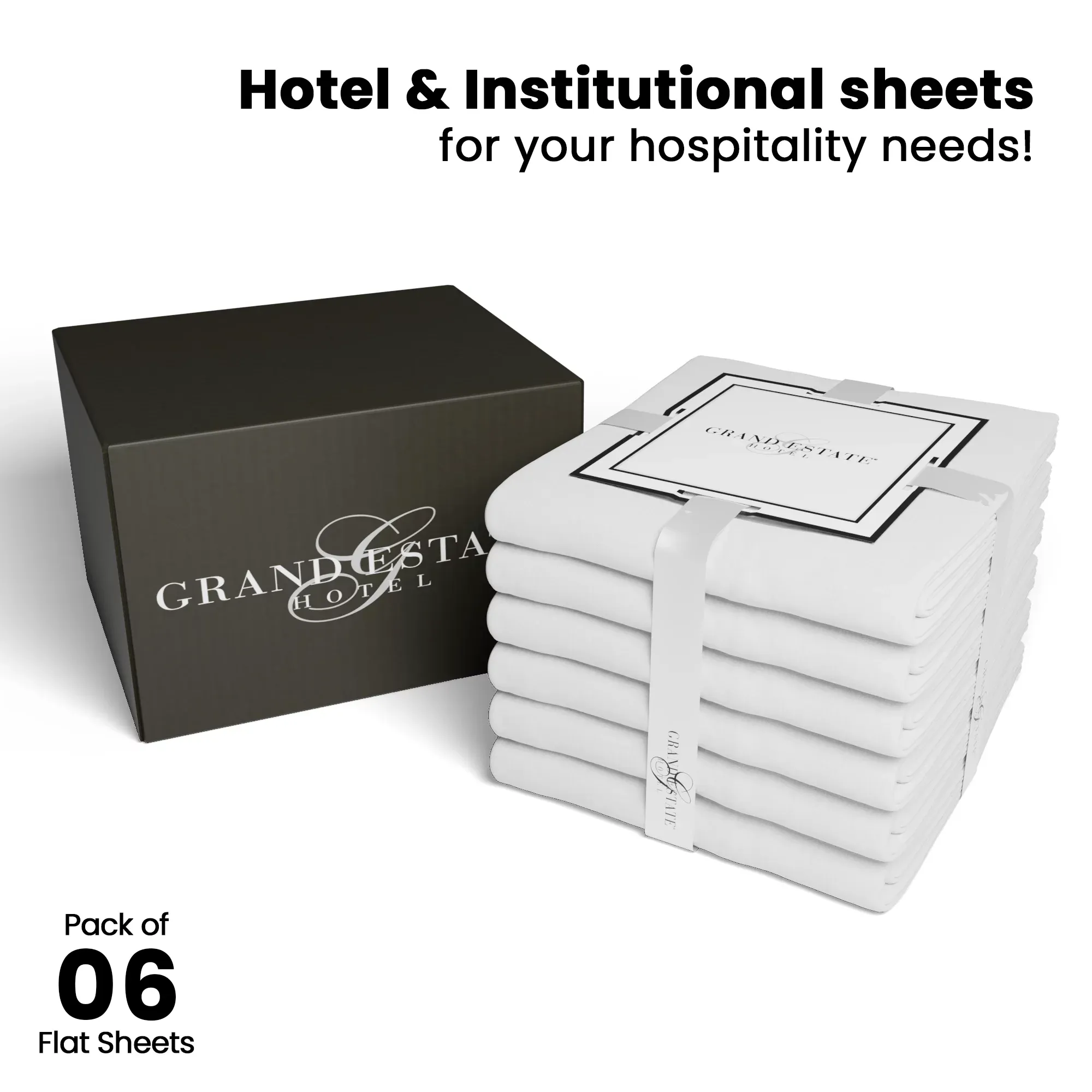 Grand Estate Hotel 100% Cotton 265 TC Super-Soft Flat Sheet Set, White - King - 6 Pack-White