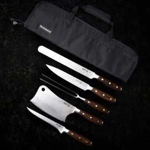 Messermeister Avanta 6-Piece Pro BBQ Set - German X50 Stainless Steel - Includes 5 BBQ Knife Essentials & Preservation 5 Pocket Black Knife Bag