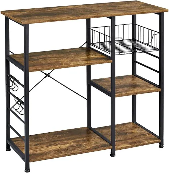 Yaheetech 4-Tier Kitchen Baker's Rack, Coffee Bar Microwave Stand Cart with Wire Basket & 6 Side Hooks, Kitchen Organizer Shelf for Spices/Utensils Foods, Rustic Brown