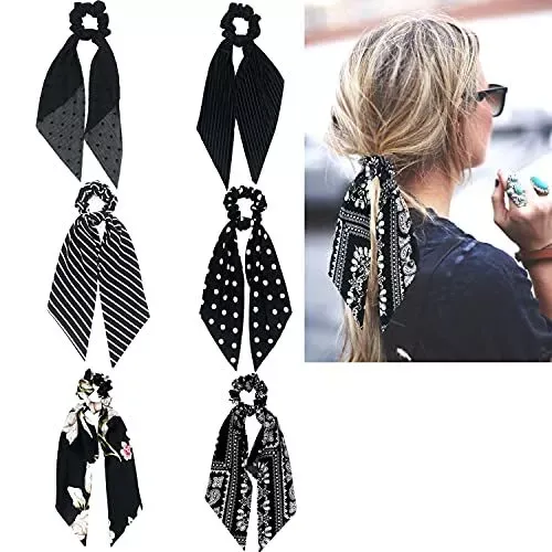 Black Scrunchies Scarf Hair Ribbon Ties Hair Scrunchie with Tails Long Bow Bo...