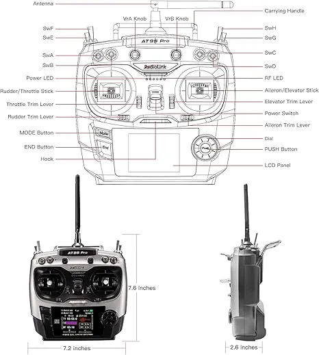 Radiolink AT9S Pro 10/12 Channels Radio Transmitter and Receiver R9DS, Long Range for Airplane/Jet/FPV Racing Drone/Quad/RC Truck Car/Boat and More (Mode 2 Left Hand)