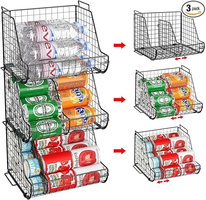 Stacking Can Dispensers 3 Tier with 3 Divider, Large Pantry Can Organizer, Beverage Drink Pop Soda Can Storage Basket, Can Holders for Pantry, Canned Food Rack Wire Bins for Kitchen Cabinet (3-Pack)