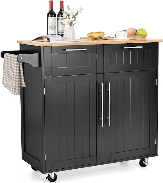 VcJta Black Heavy Duty Island Storage Trolley, Rolling Kitchen Cart with Spacious Cabinet and Wheels for Convenient Household Use, E275200543079