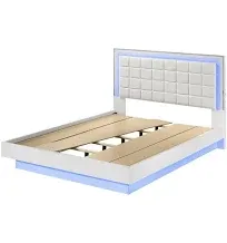 White Wood Lacquer Floating Platform King Size Bed with Blue LED Lighting