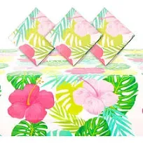 Floral Plastic Tablecloth For Hawaiian Luau Party (54 X 108 In, White, 3 Pack)