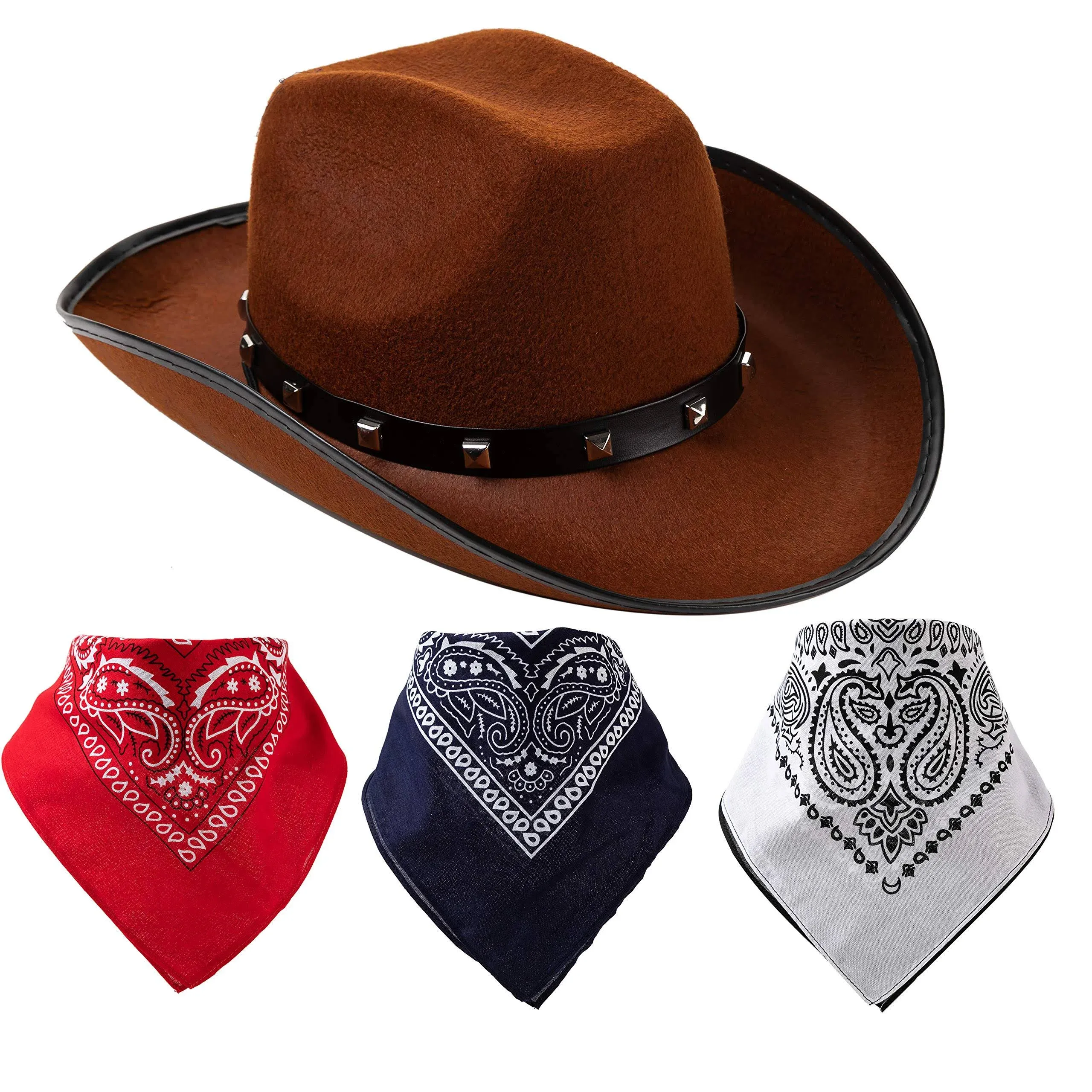 Spooktacular Creations Brown Cowboy Hat and 3 Pcs Bandana for Cowboy Halloween Costume, Halloween Accessories, Cowboy Th