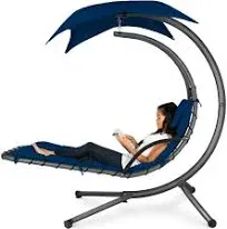 Outdoor Hanging Curved Steel Chaise Lounge Chair Swing w/Built-in Pill