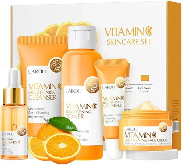 Laikou vitamin c brightening skin care set products with price for black women facial cleanser toner serum eye essence cream