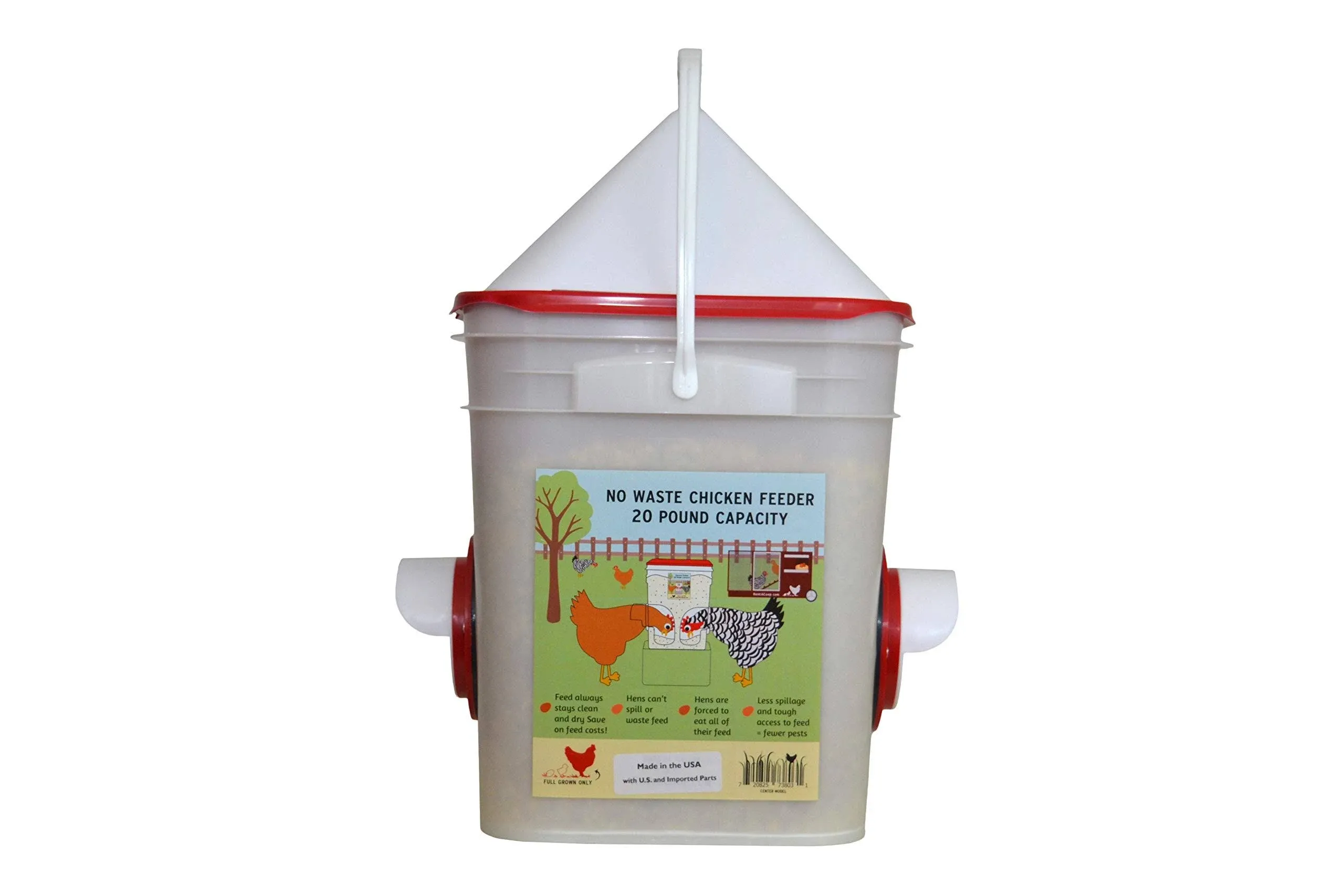 RentACoop 20 Pounds BPA-Free Chicken Feeder with Large Ports - Includes Lid, Anti-Roost Cone, Rain Hoods - Suitable for Chickens - Center Placement