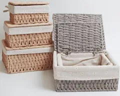 Small Wicker Basket with Lid Paper Storage Baskets for Shelves Small Storage Bin with Removable Liner Nesting Decorative Woven Basket for Makeup Closet Organizer (Small, Khaki)