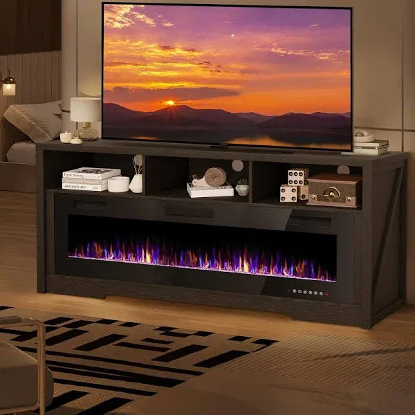 65''Fireplace TV Stand with 60" Fireplace,Entertainment Center with Fireplace,TV Stands for Living Room with Open Storage Shelves,TV Console Cabinet for TVs Up to 75"(Black)