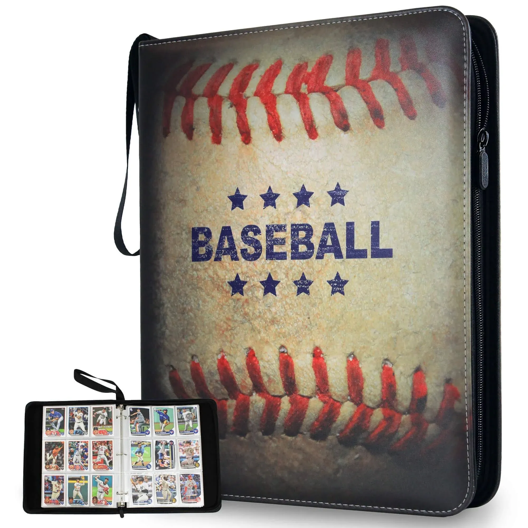 Baseball Card Binder with 9 pockets, 3 Ring Baseball Trading Card Binder w/Strap - Baseball Card Storage Binder w/ 900 Baseball Card Organizer Sleeves-Baseball Card Holder-Sports Card Binder