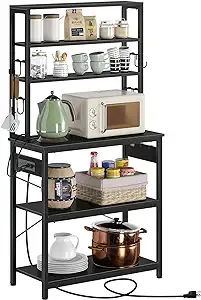 Rolanstar Baker's Rack with 4AC Power Outlet, 59.1in Microwave Stand with 10 Hooks, Stable Coffee Bar Table, 6-Tier Kitchen Storage Shelf Rack, Black