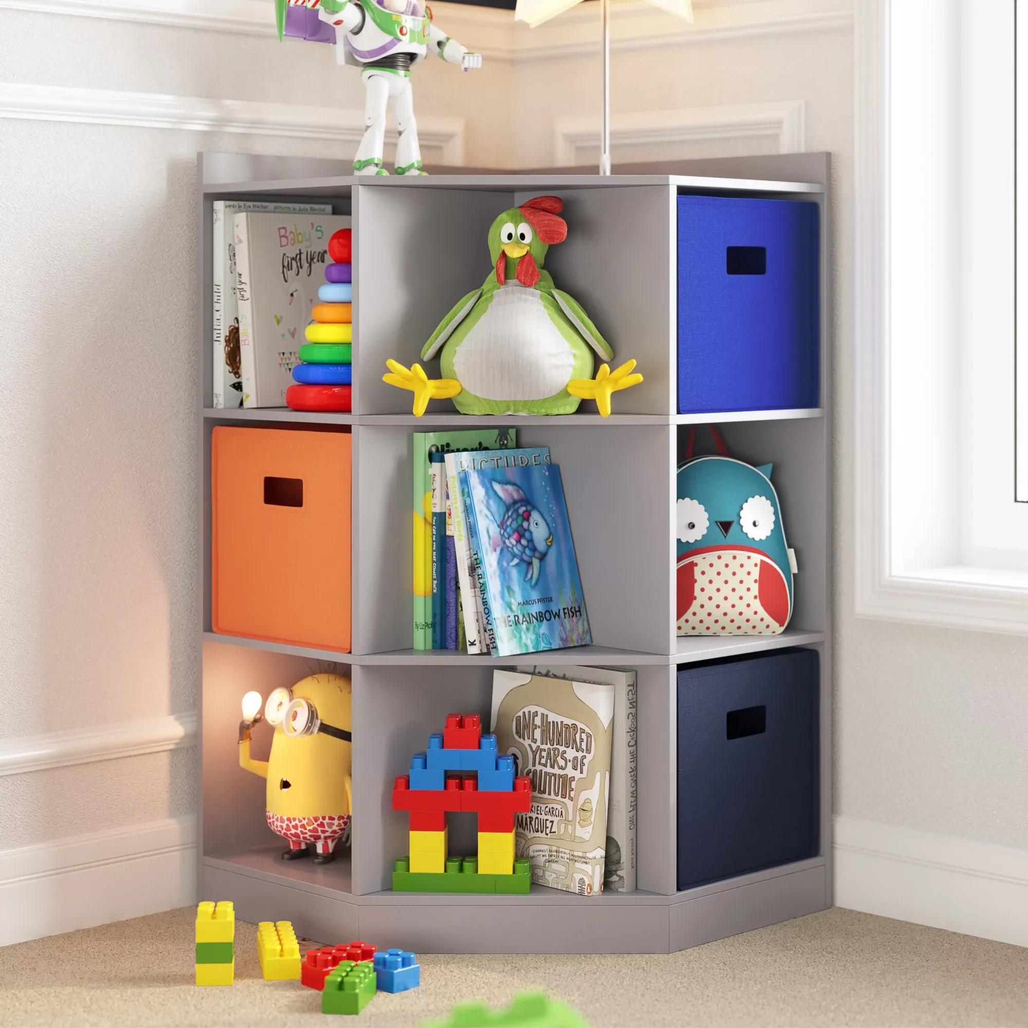 RiverRidge Kids Corner Playroom Cabinet with 6 Toy Storage Cubbies and 3 Angled Shelves - Gray