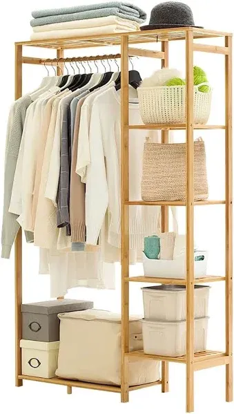 Bamboo Clothing Rack with 6 Tier Storage Shelf Multifunctional Garment Organizer Wardrobe Closet for Guest Room Kids Baby Bedroom Entryway