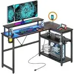 L Shaped Gaming Desk with Power Outlets & LED Strip Lights,Computer Desk with Large Monitor Stand,Corner Desk with Storage Shelf,Headphone Hook&Cup Holder for Home Office