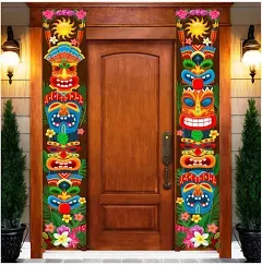 Hawaiian Luau Party Decorations, Tiki Party Decorations, Lighted Tiki Banner Door Porch Sign for Aloha Moana Hawaii Luau Party Tropical Birthday Tiki Party Supplies Door Wall Hanging Supplies