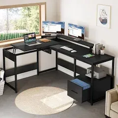 YITAHOME L Shaped Desk with File Drawer 65" Large Computer Desk Corner Desk with Lift Top