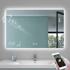 BYECOLD Smart Bathroom Mirror with Bluetooth Wi-Fi Enabled Weather Display, 32”X 24” Fog Free, LED Light Vanity Mirror Backlit Frameless Lighted Touch Sensor Makeup for Wall - Horizontally Hang Only