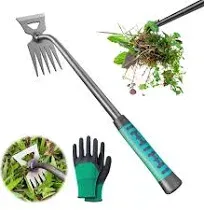 Gardening Hand Weeder Tool, 2024 Upgraded Long Handle Weed Puller, Durable Manganese Steel Weeding Claw, Effective Uprooting Tool for Yard and Garden - Includes Gardening Gloves (5 Tines)