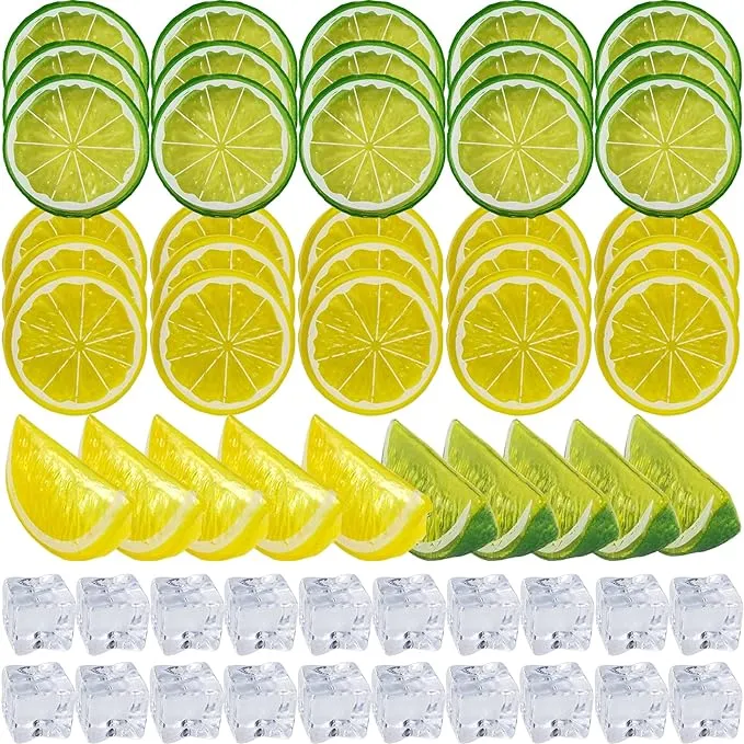 60PCS Artificial Lemon Slices Blocks and Fake ice Cubes，Simulation Lemon Slice+Fake Lemon Block (30PCS Simulation Lemon Slice+ 10PCS Artificial Lemon Slices Blocks +20PCS ice Cubes)