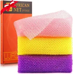 UJFQBH 3 Pieces African Bath Sponge African Net Long Net Bath Sponge Exfoliating Shower Body Scrubber Back Scrubber Skin Smoother,Great for Daily Use (Pink,Yellow,Purple)