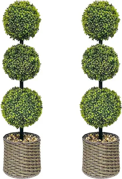 2 Trees 3FT Faux Boxwood Topiary Ball Tree Ornamental in All Seasons Without Care for Indoor & Outdoor Use - Fake Plantporch Decor for Garden, Wedding & Home