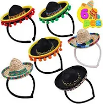 JOYIN 6 Pcs Cinco de Mayo Fiesta Fabric and Straw Sombrero Headbands Party Costume for Fun Fiesta Hat Party Supplies, Luau Event Photo Props, Mexican