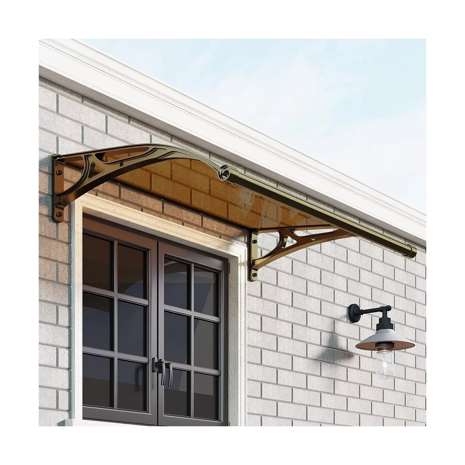 Metal Window Door Awning Canopy UPF 50+, Dark Brown with Aluminum Bracket Pol...