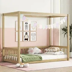 Twin Size Canopy Bed Frame with Guardrails for Kids,Floor Bed Twin with Four Poster Design,Kids Montessori Floor Bed,Wood Canopy Bed Frame for Girls,Boys(Twin,Natural)