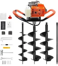 62CC Auger Post Hole Digger, 2 Stroke Gas Powered Earth Post Hole Digger with 2 Auger Drill Bits(6" & 8") + 1 Extension Rods for Farm Garden Plant, Orange (62CC)