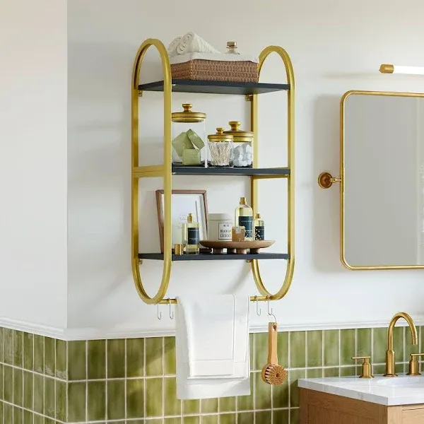 Bestier Floating Shelves for Wall, 3 Tier Wood Wall Shelves for Bathroom with Golden Metal Rack and Towel Bar