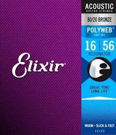 Elixir 11125 Polyweb 80/20 Bronze Acoustic Resonator Guitar Strings, .016-.056